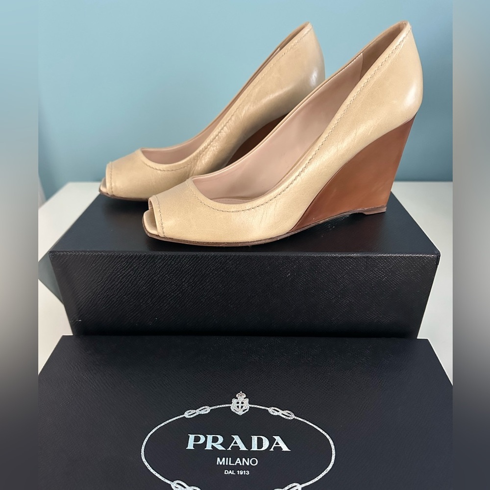 Prada Tan Wedge Heels